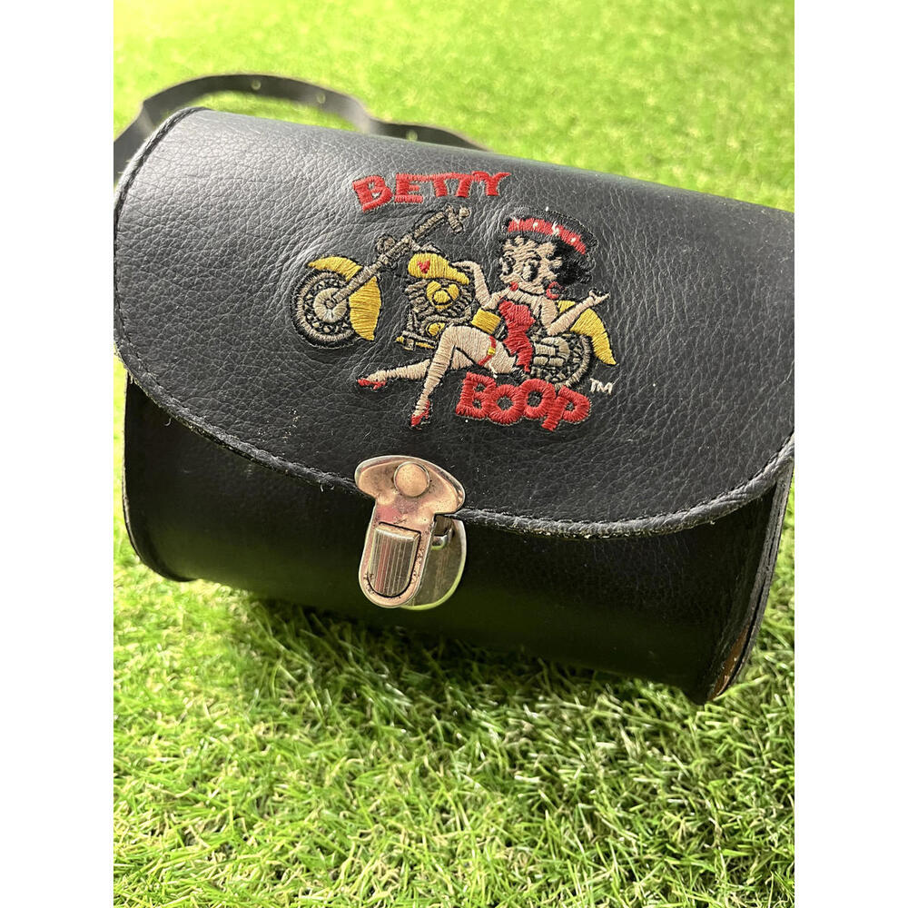 Vintage Betty Boop Black Leather Crossbody Bag‎ with Motorcycle Embroidery Flaw